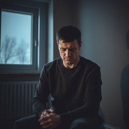 A very sad Estonian man sitting alone in a dimly lit room, his expression reflecting deep depression and sorrow