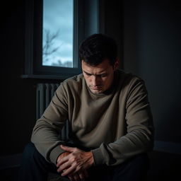 A very sad Estonian man sitting alone in a dimly lit room, his expression reflecting deep depression and sorrow