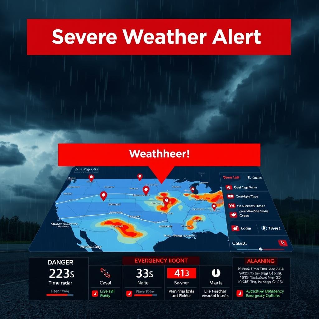 A high-tech weather alert screen displaying a bold red warning overlay