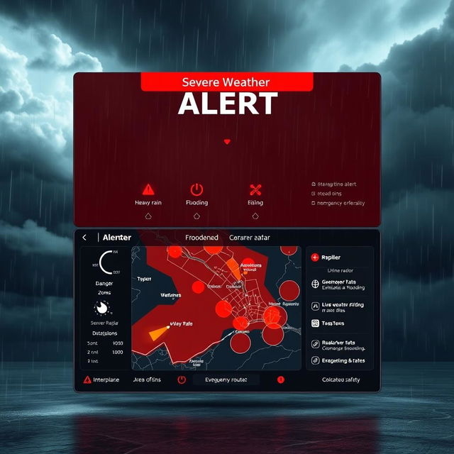 A high-tech weather alert screen displaying a bold red warning overlay