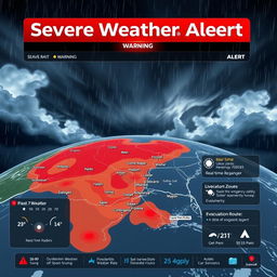 A high-tech weather alert screen displaying a bold red warning overlay