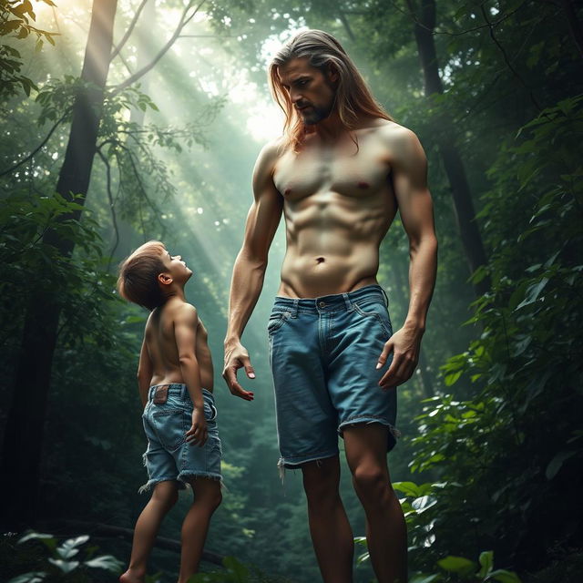 In a surreal and captivating forest setting, a nude, handsome, skinny, emaciated tall man with long flowing hair stands powerfully, displaying his prominent ribs and obliques