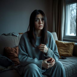 A very sad Estonian woman sitting alone on a worn-out couch in a dimly lit living room, her expression heavy with depression and introspection