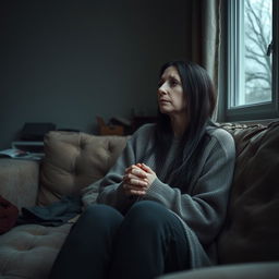 A very sad Estonian woman sitting alone on a worn-out couch in a dimly lit living room, her expression heavy with depression and introspection