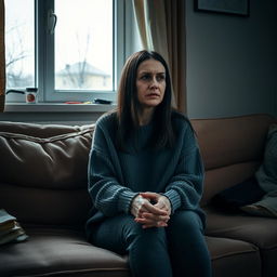 A very sad Estonian woman sitting alone on a worn-out couch in a dimly lit living room, her expression heavy with depression and introspection