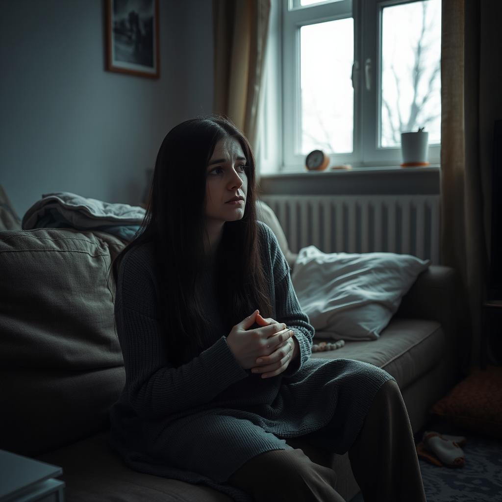 A very sad Estonian woman sitting alone on a worn-out couch in a dimly lit living room, her expression heavy with depression and introspection