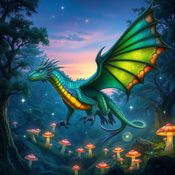 A fantastical Dungeons & Dragons creature resembling a majestic dragon, with iridescent scales shimmering in vibrant hues of emerald and sapphire, soaring through a mystical forest