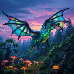 A fantastical Dungeons & Dragons creature resembling a majestic dragon, with iridescent scales shimmering in vibrant hues of emerald and sapphire, soaring through a mystical forest