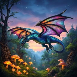 A fantastical Dungeons & Dragons creature resembling a majestic dragon, with iridescent scales shimmering in vibrant hues of emerald and sapphire, soaring through a mystical forest