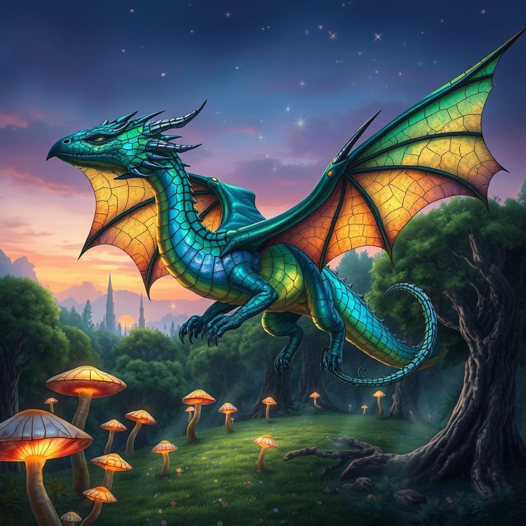 A fantastical Dungeons & Dragons creature resembling a majestic dragon, with iridescent scales shimmering in vibrant hues of emerald and sapphire, soaring through a mystical forest