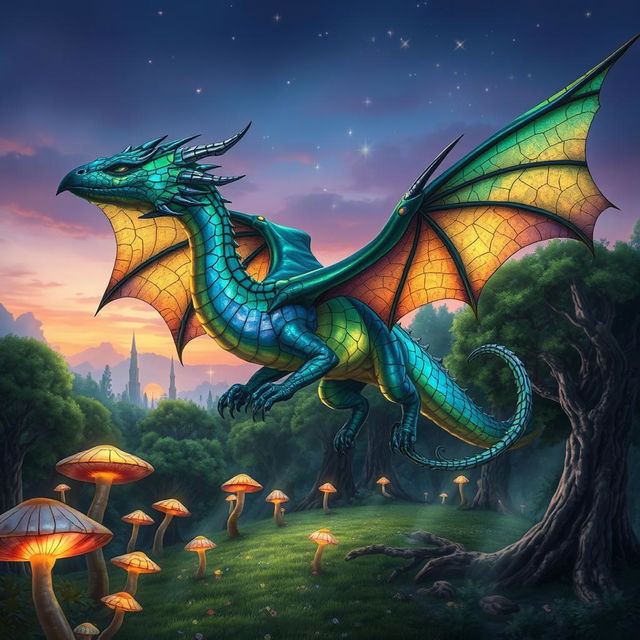 A fantastical Dungeons & Dragons creature resembling a majestic dragon, with iridescent scales shimmering in vibrant hues of emerald and sapphire, soaring through a mystical forest