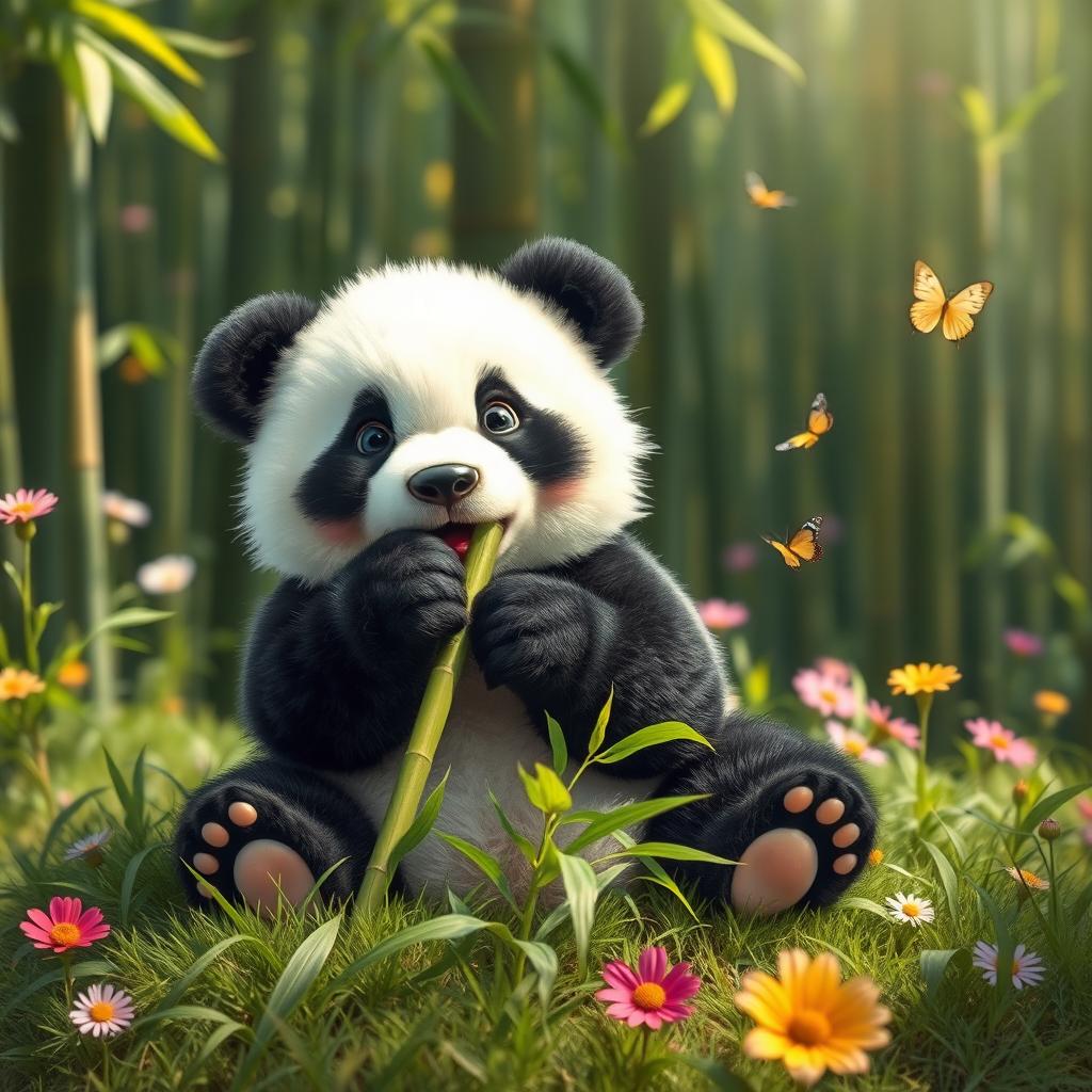 A small, adorable panda sitting playfully on a patch of green grass