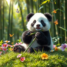 A small, adorable panda sitting playfully on a patch of green grass