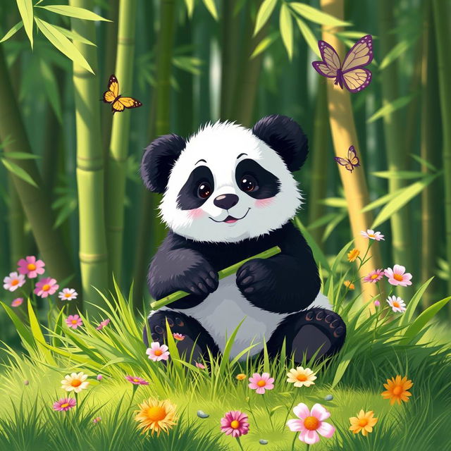 A small, adorable panda sitting playfully on a patch of green grass