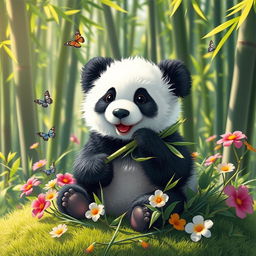 A small, adorable panda sitting playfully on a patch of green grass