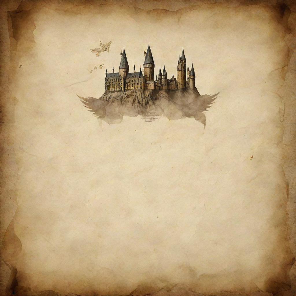 A vintage Harry Potter themed background resembling crumpled parchment paper, suitable for a PowerPoint presentation. It includes elements such as Hogwarts Castle, the Golden Snitch, and magic wands.