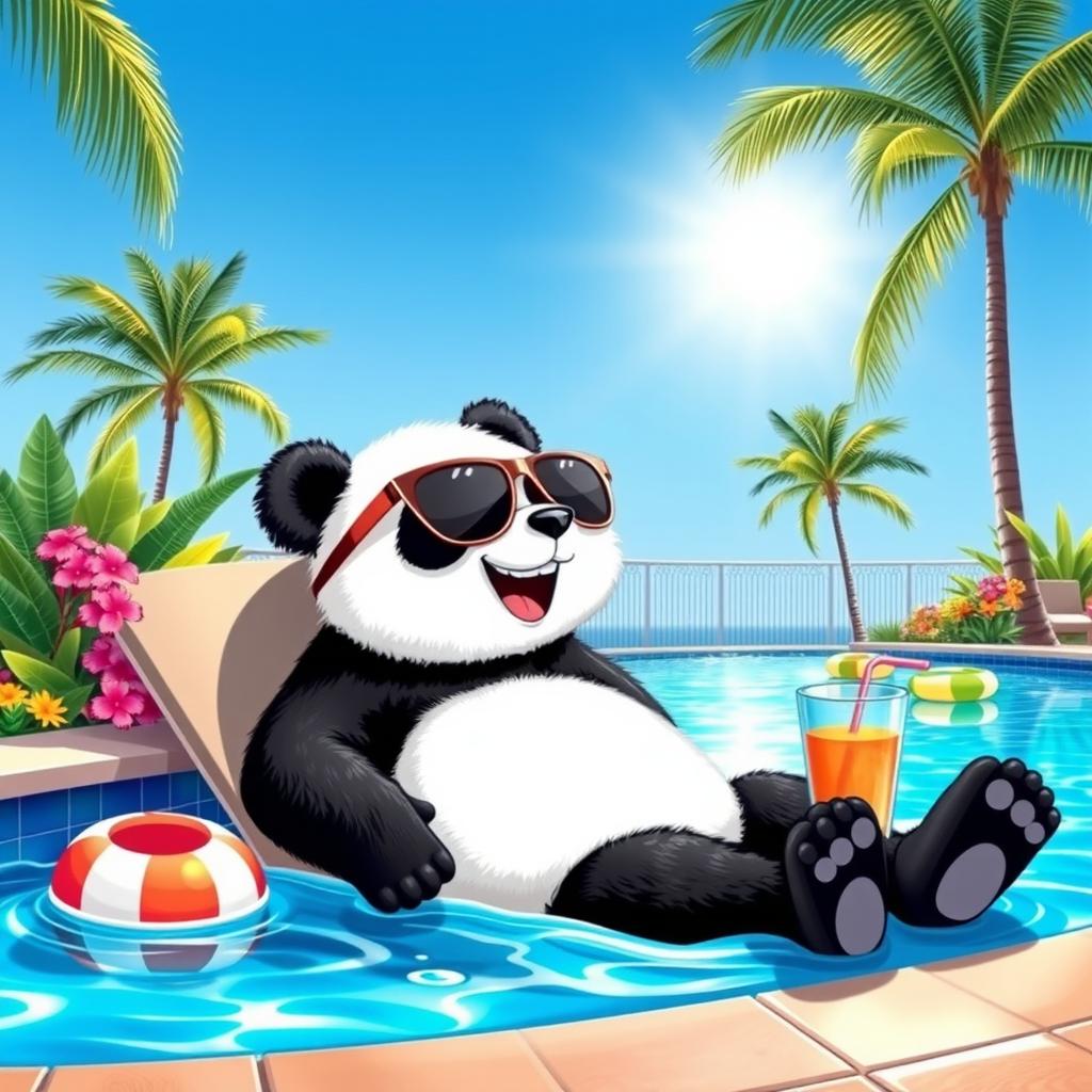 A playful panda lounging by a sparkling blue poolside, surrounded by tropical plants and colorful flowers