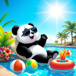 A playful panda lounging by a sparkling blue poolside, surrounded by tropical plants and colorful flowers