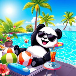 A playful panda lounging by a sparkling blue poolside, surrounded by tropical plants and colorful flowers