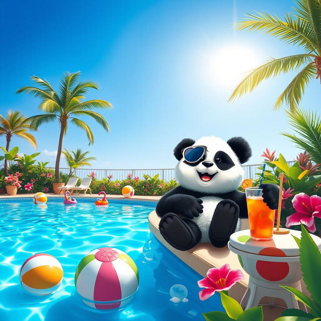 A playful panda lounging by a sparkling blue poolside, surrounded by tropical plants and colorful flowers