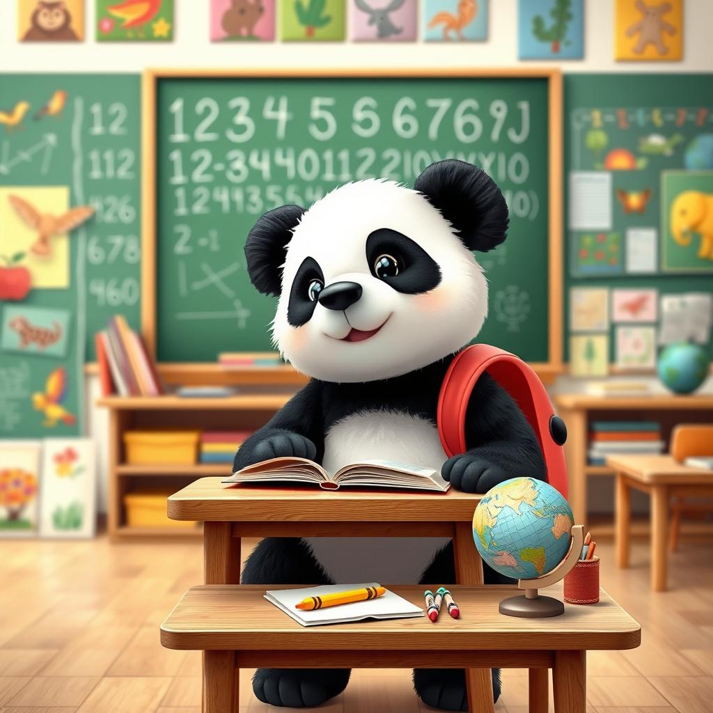 A cute panda in a colorful classroom setting, sitting at a small wooden desk surrounded by educational materials