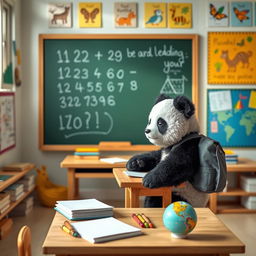 A cute panda in a colorful classroom setting, sitting at a small wooden desk surrounded by educational materials