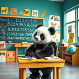 A cute panda in a colorful classroom setting, sitting at a small wooden desk surrounded by educational materials