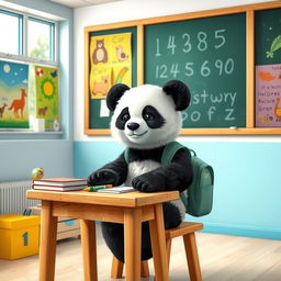 A cute panda in a colorful classroom setting, sitting at a small wooden desk surrounded by educational materials