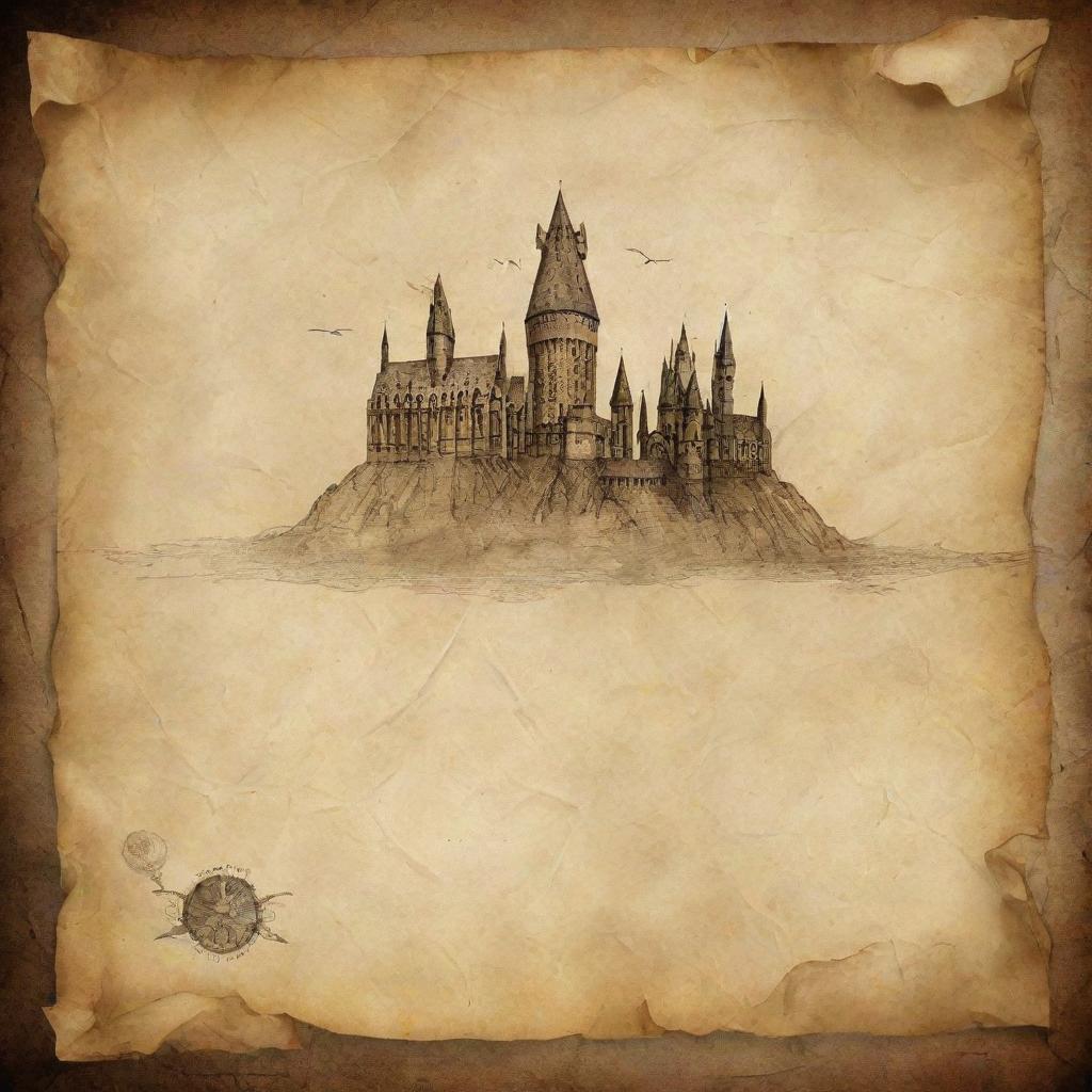 A vintage Harry Potter themed background resembling crumpled parchment paper, suitable for a PowerPoint presentation. It includes elements such as Hogwarts Castle, the Golden Snitch, and magic wands.