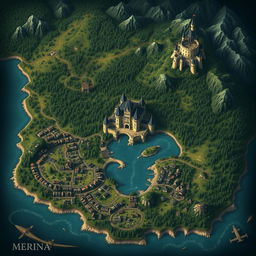 A large and detailed dark fantasy map of the Kingdom of Merina, featuring a grand castle in its capital, surrounded by a sprawling village filled with houses and commerce