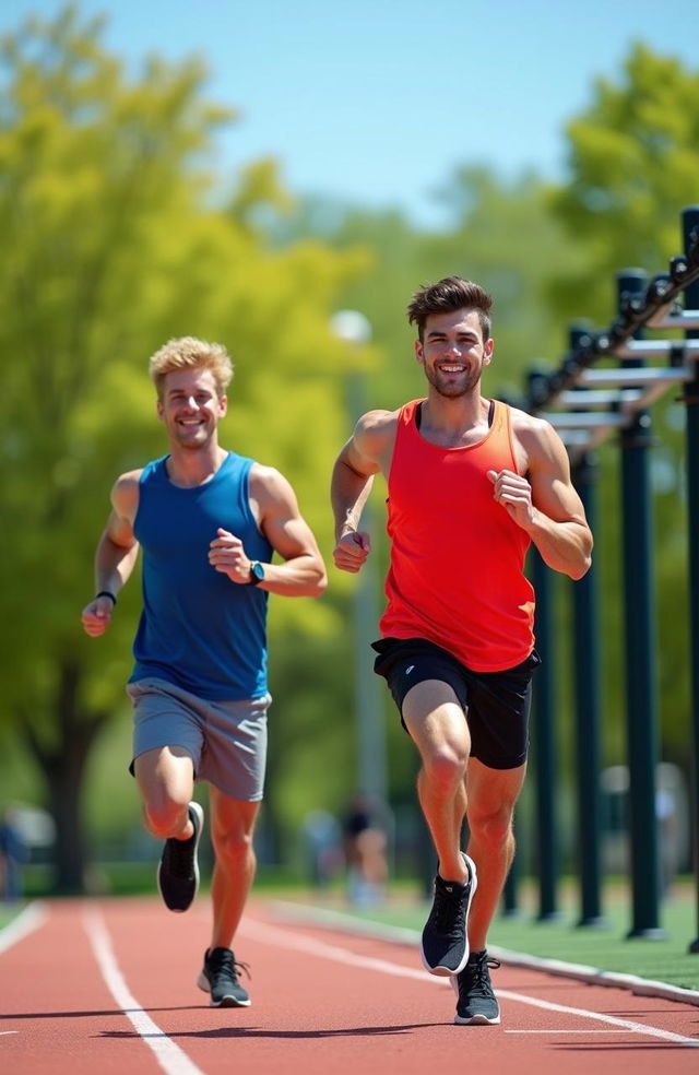 Two fit athletic males engaged in a friendly competition on a sunny day, showcasing their toned bodies and sportswear