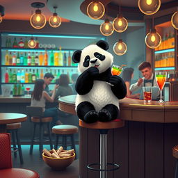 A whimsical scene featuring a panda sitting at a trendy bar, styled with modern decor and soft lighting