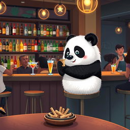 A whimsical scene featuring a panda sitting at a trendy bar, styled with modern decor and soft lighting