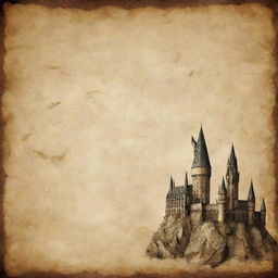 A vintage Harry Potter themed background resembling crumpled parchment paper, suitable for a PowerPoint presentation. It includes elements such as Hogwarts Castle, the Golden Snitch, and magic wands.