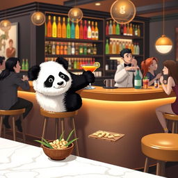 A whimsical scene featuring a panda sitting at a trendy bar, styled with modern decor and soft lighting