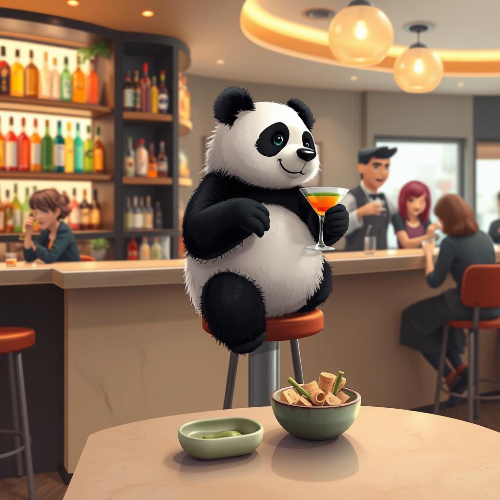 A whimsical scene featuring a panda sitting at a trendy bar, styled with modern decor and soft lighting