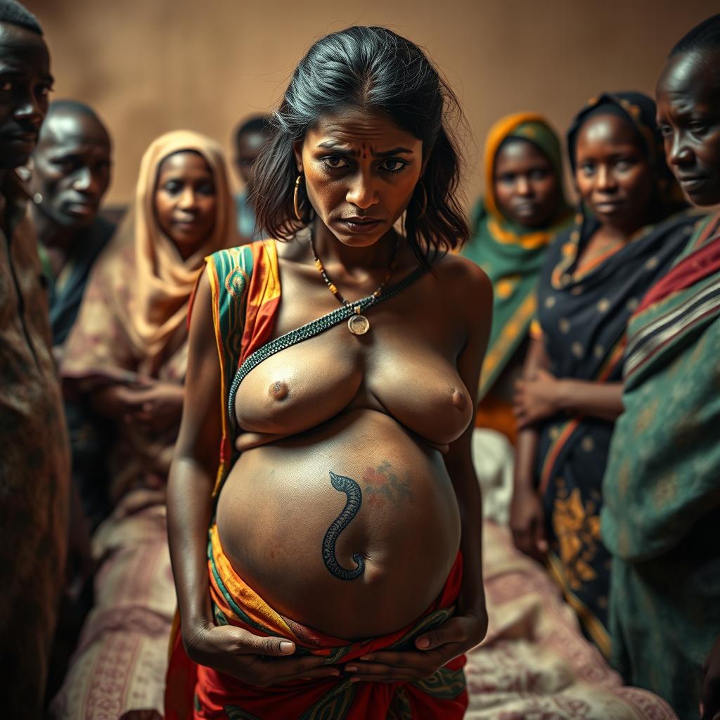 A deeply emotive photo featuring a worried, bruised, tired, and exhausted young pregnant Indian woman dressed in a colorful saree, her exposed midsection revealing a striking snake tattoo that symbolizes resilience