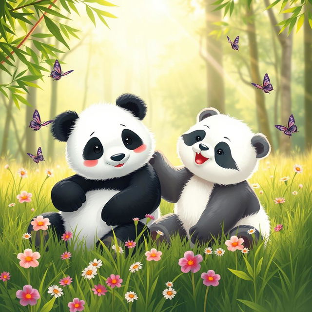 A charming scene depicting a panda alongside a rare white panda, both sitting playfully on a lush green meadow