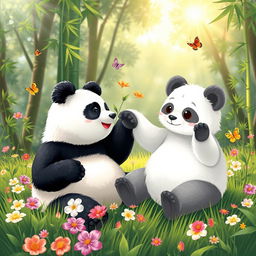 A charming scene depicting a panda alongside a rare white panda, both sitting playfully on a lush green meadow