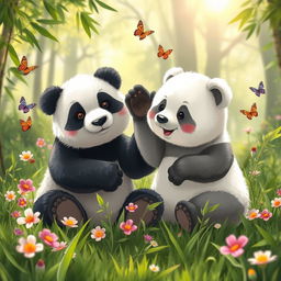 A charming scene depicting a panda alongside a rare white panda, both sitting playfully on a lush green meadow