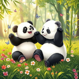 A charming scene depicting a panda alongside a rare white panda, both sitting playfully on a lush green meadow