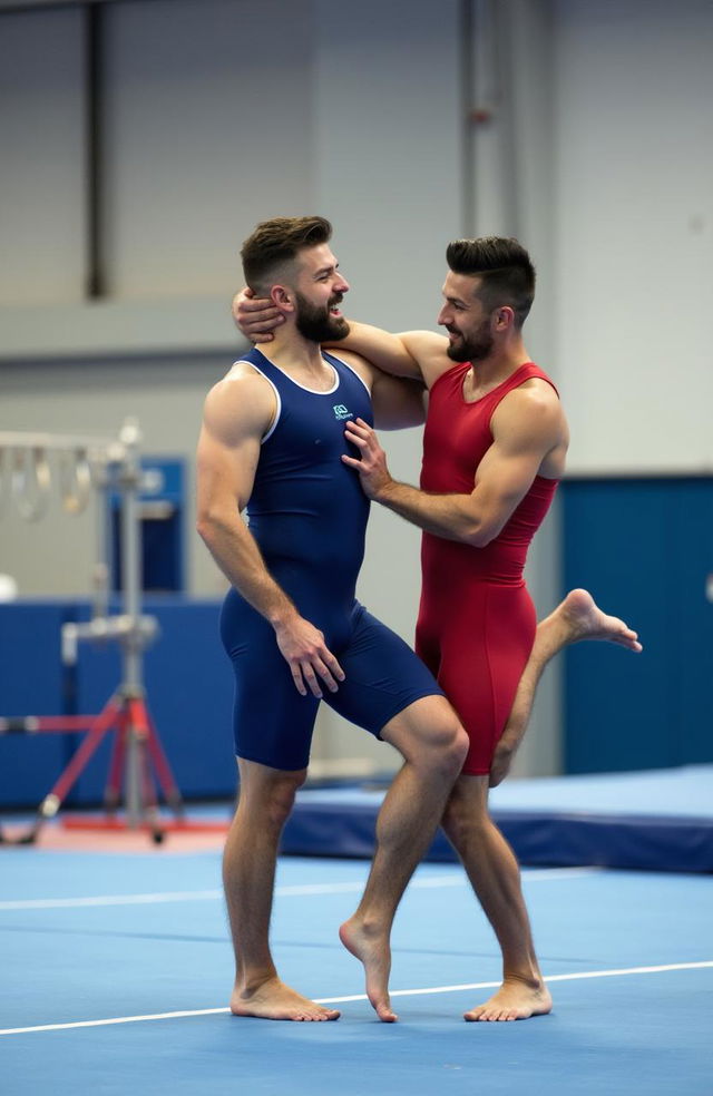 Two fit athletic male gymnasts demonstrating a collaborative routine on a gymnastics mat, showcasing their strength and agility