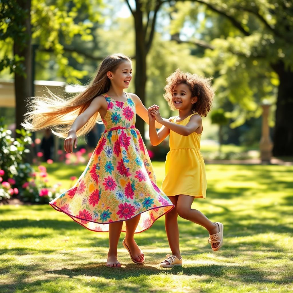 A vibrant and joyful scene of two sisters dancing together in a sunlit park