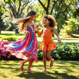 A vibrant and joyful scene of two sisters dancing together in a sunlit park