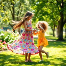 A vibrant and joyful scene of two sisters dancing together in a sunlit park