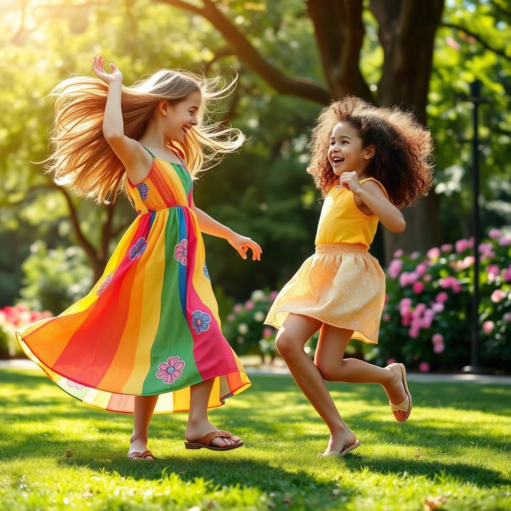 A vibrant and joyful scene of two sisters dancing together in a sunlit park