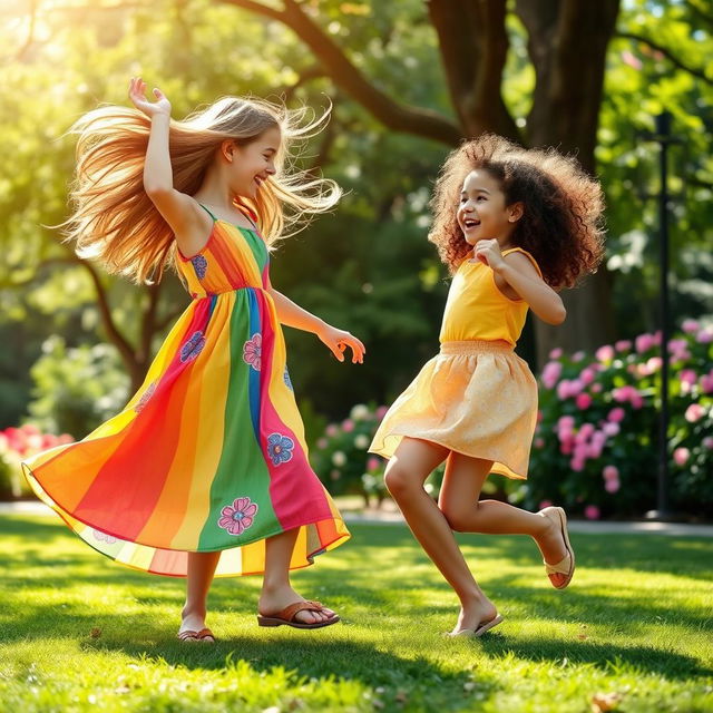 A vibrant and joyful scene of two sisters dancing together in a sunlit park