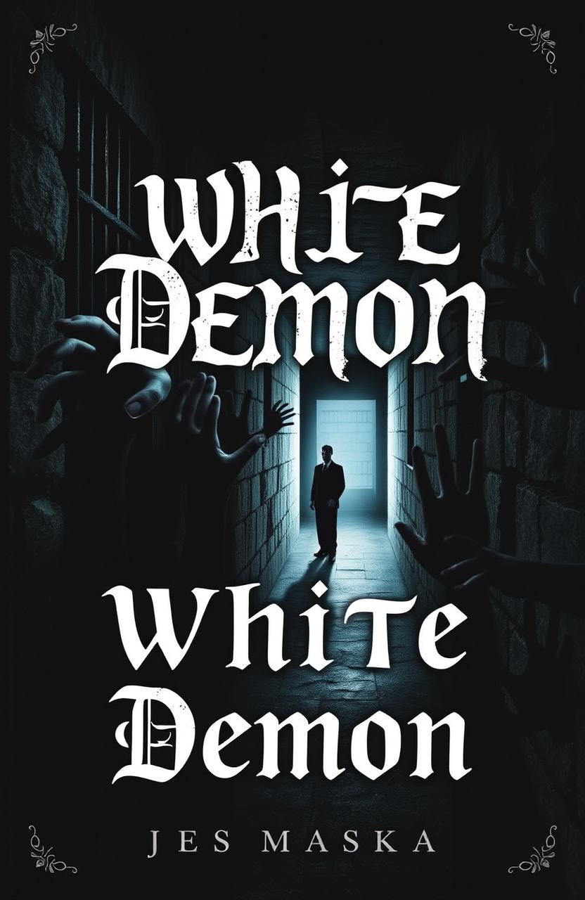 A book cover titled "White Demon", featuring a dark prison background with ominous stone walls and cell bars