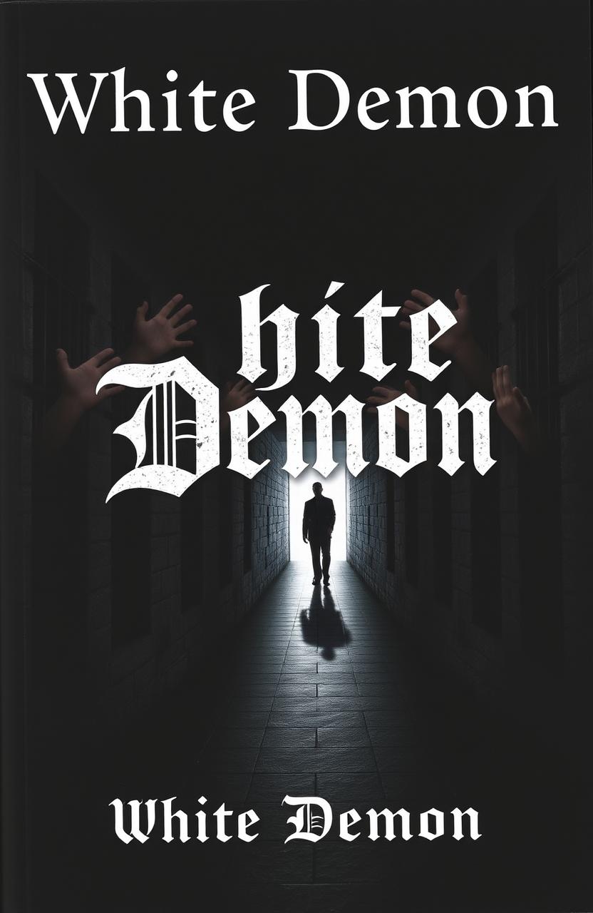 A book cover titled "White Demon", featuring a dark prison background with ominous stone walls and cell bars