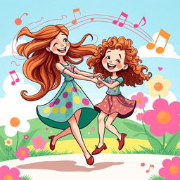 A lively and colorful illustration of two sisters dancing together with a cartoon effect